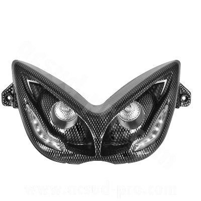 DOUBLE OPTIQUE TNT 2 LAMPES HALOGENE + LEDS BLANCHE EYELIGHT ADAPT. MBK NITRO / YAMAHA AEROX IMITATION CARBONE