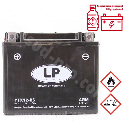 BATTERIE LANDPORT LTX12-BS 12V 10AH SANS ENTRETIEN AGM ADAPT. (PIAGGIO BEVERLY/LIBERTY/X10 125CC) (EQUIVALENT YTX12-BS)