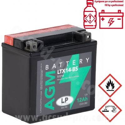 BATTERIE LANDPORT LTX14-BS 12V 12AH SANS ENTRETIEN AGM ADAPT. (PIAGGIO MP3 400-500CC / VESPA GTS 300CC) (EQUIVALENT YTX14-BS)