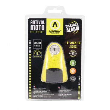 ANTIVOL BLOQUE DISQUE AUVRAY B-LOCK AVEC ALARME SONORE DIAM 10mm JAUNE (CLASSE SRA)