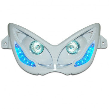 DOUBLE OPTIQUE SCOOT REPLAY RR8 POUR MBK 50 NITRO 1997>2012/YAMAHA 50 AEROX 1997>2012 BLANC AVEC LEDS BLEU
