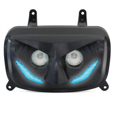 DOUBLE OPTIQUE SCOOT REPLAY RR8 POUR MBK 50 BOOSTER 2004>/YAMAHA 50 BWS 2004> NOIR AVEC LEDS BLEU