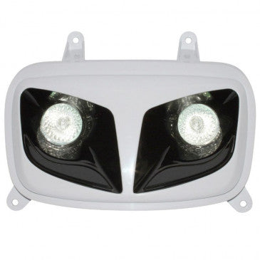 DOUBLE OPTIQUE SCOOT REPLAY RR8 POUR MBK 50 BOOSTER 2004>/YAMAHA 50 BWS 2004> BLANC/NOIR AVEC 2 HALOGENES 20W